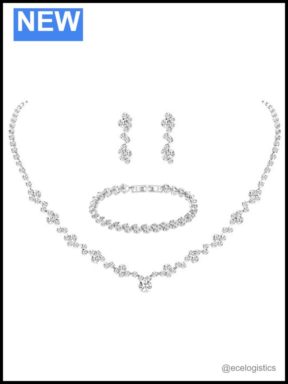 Silver Plated Rhinestone Wedding Jewelry Set Necklace Earrings Bracelet Gift